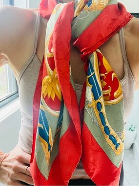 Hermes Daimyo Silk Scarf in Coral, Gold, Blue and Gray